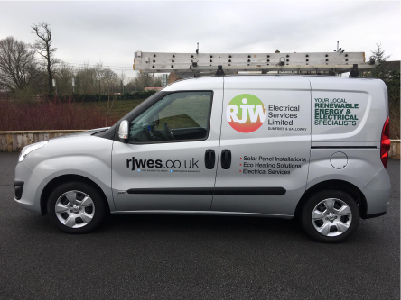 mid size renewable electrical energy van with graphic signs